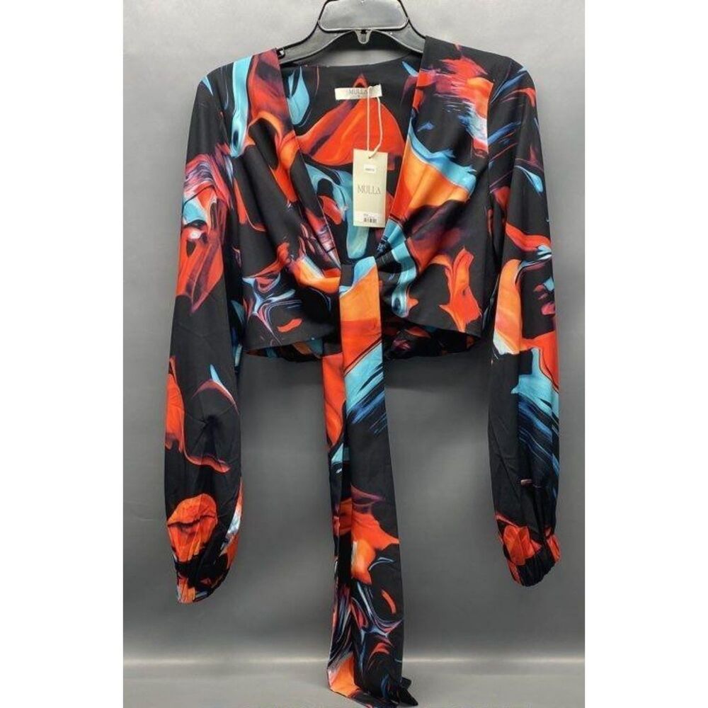 NWT Mulla Multicolor Abstract Print Long Sleeve Tie-Front Crop Top - Women's M